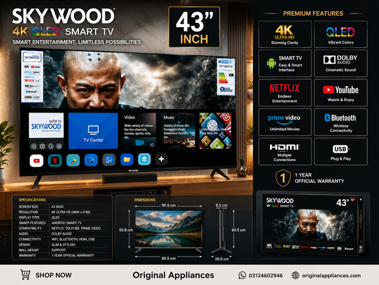 SKYWOOD 43 Inch 4K QLED Smart TV with Netflix, YouTube, Prime Video, Dolby Audio, Bluetooth and Wi-Fi – Original Appliances Pakistan