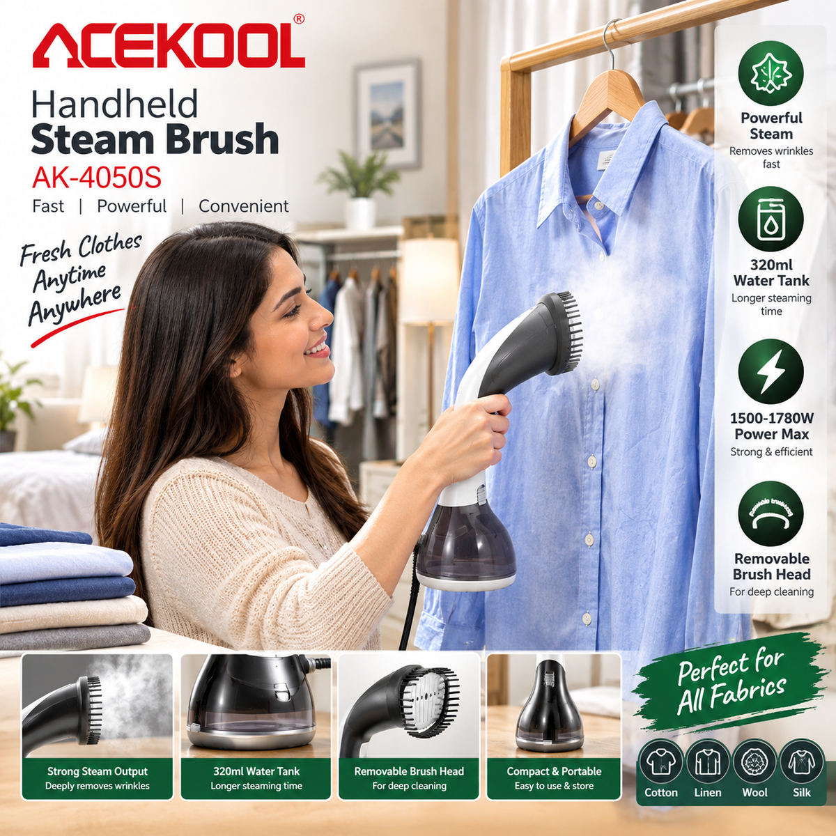 ACEKOOL AK-4050S 1780W handheld garment steamer with 320ml water tank and steam brush