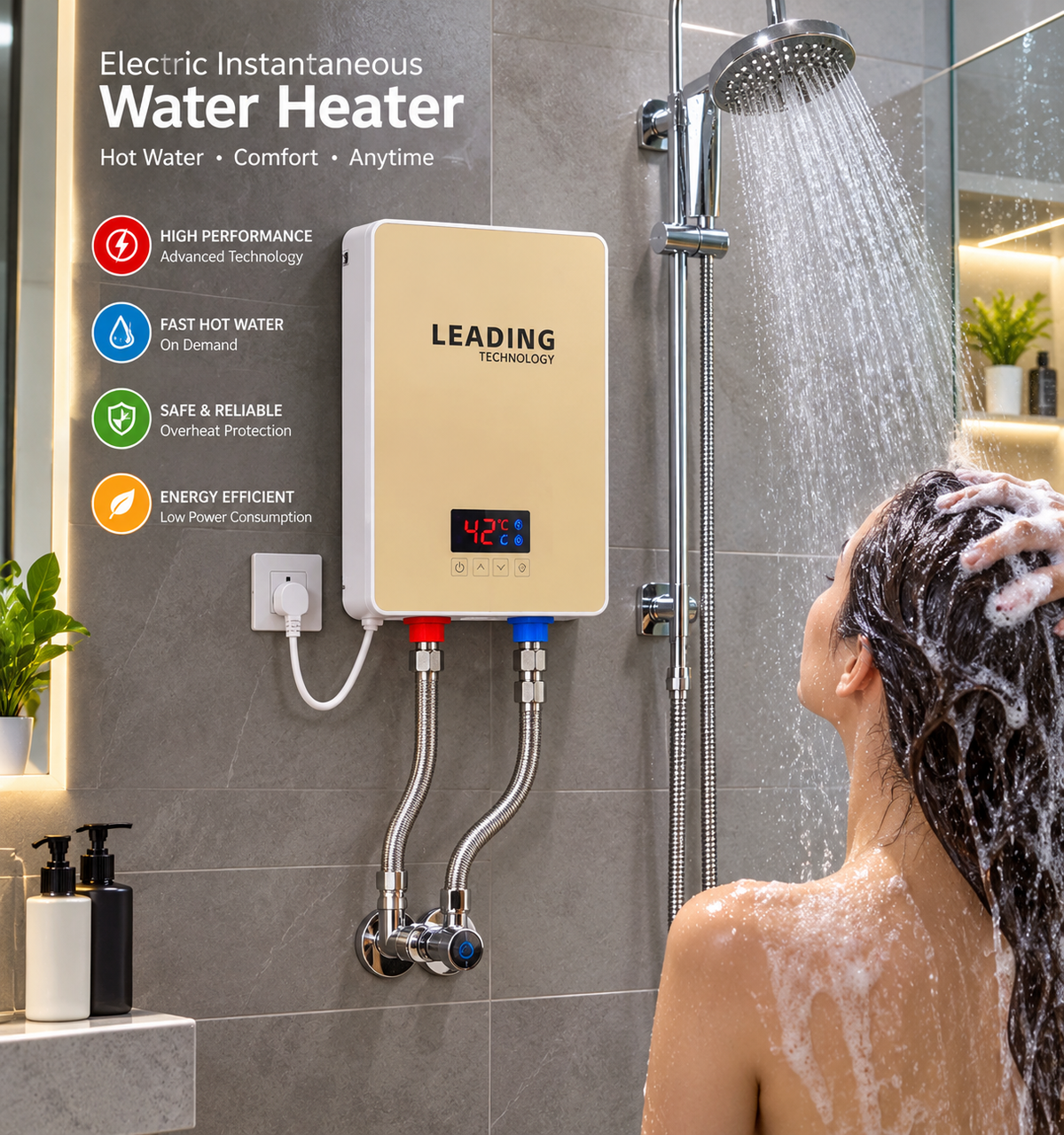 Leading Electric Instant Water Heater with Digital Temperature Display Installed in Bathroom