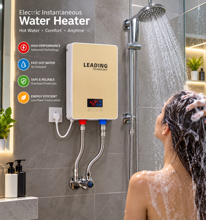 Leading Electric Instant Water Heater with Digital Temperature Display Installed in Bathroom