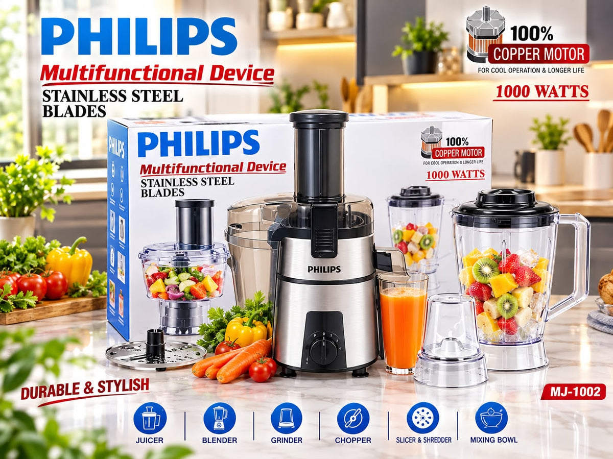 Philips MJ-1002 1000W multifunctional food processor with stainless steel blades, juicer, blender, grinder, chopper, slicer and shredder attachments