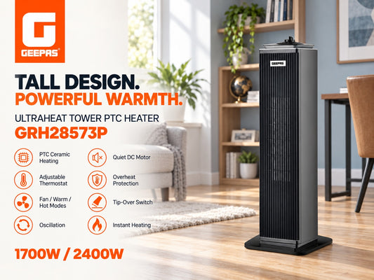 Geepas GRH28573P PTC ceramic tower fan heater with adjustable thermostat, oscillation and dual heating settings