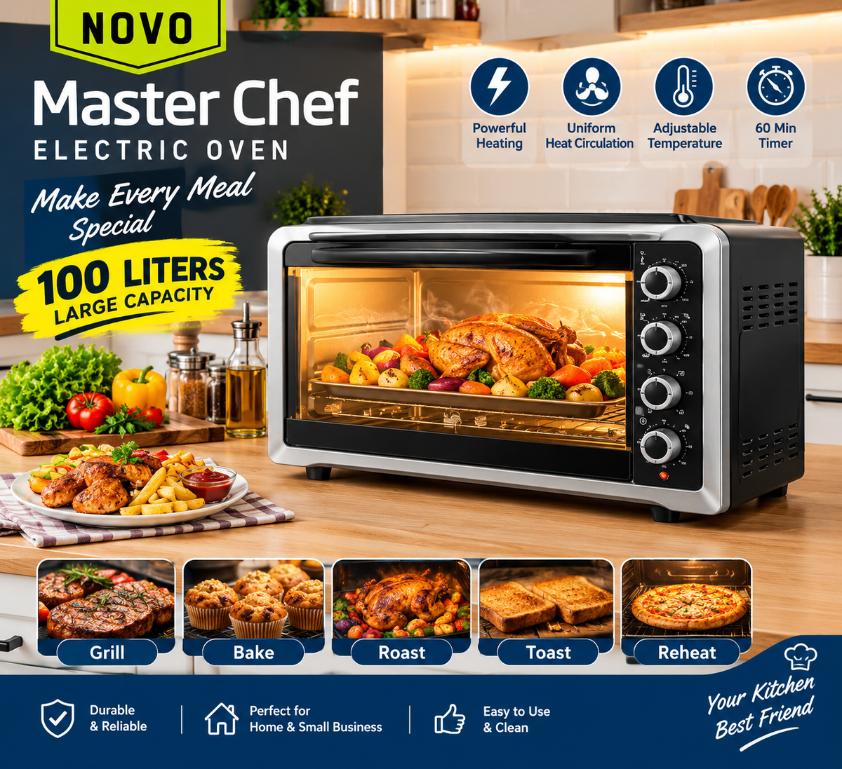 NOVO Master Chef 100L Electric Oven with adjustable temperature, 60-minute timer, and grill, bake, roast, toast, and reheat functions.