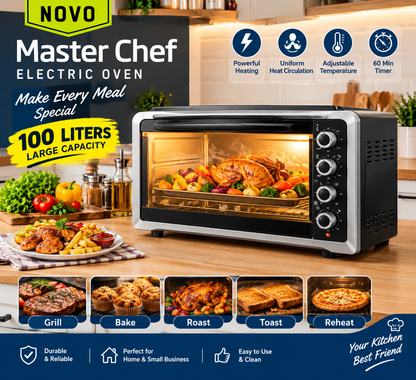 NOVO Master Chef 100L Electric Oven with adjustable temperature, 60-minute timer, and grill, bake, roast, toast, and reheat functions.