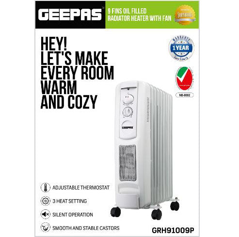 Geepas GRH91009P 9 Fin 2200W Portable Oil Filled Radiator Heater with Fan in White