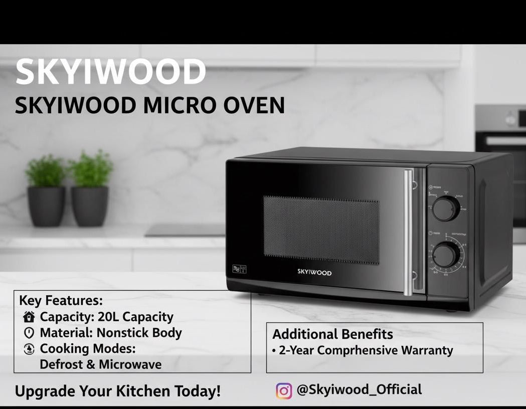 Skyiwood 20L solo microwave oven with defrost function and rotary controls black finish