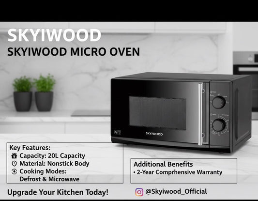Skyiwood 20L solo microwave oven with defrost function and rotary controls black finish